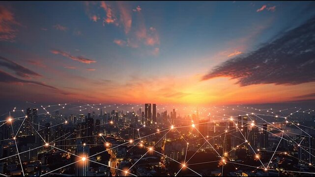 Smart digital city with connection cyber security network reciprocity over the twilight cityscape.future wireless digital city and social media networking systems that connects people within the city
