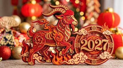Obraz premium Layered paper-cut illustration of a red Fire Goat, representing the Chinese zodiac symbol for 2027, with dimensional 3D craft styling, gold lettering and a decorative festive holiday background.