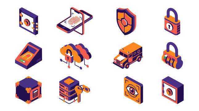 Clean Isometric Security and Technology Icons Set with Orange and Purple Color Scheme with high quality professional line art symbols for modern creative design and digital branding projects