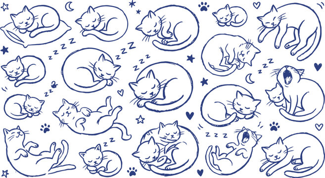 Sleeping cat vector pattern, cute hand drawn kittens in blue line art style, cozy feline doodle collection for textile design