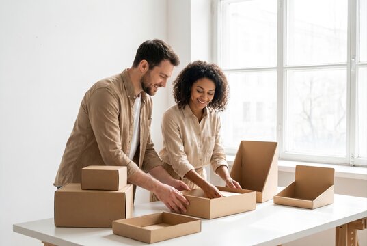 Two smiling people folding and assembling cardboard shipping boxes on a white table