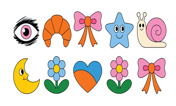 Retro Cute Cartoon Sticker Set with Flowers Star Snail Crescent Moon Bow and Heart Characters