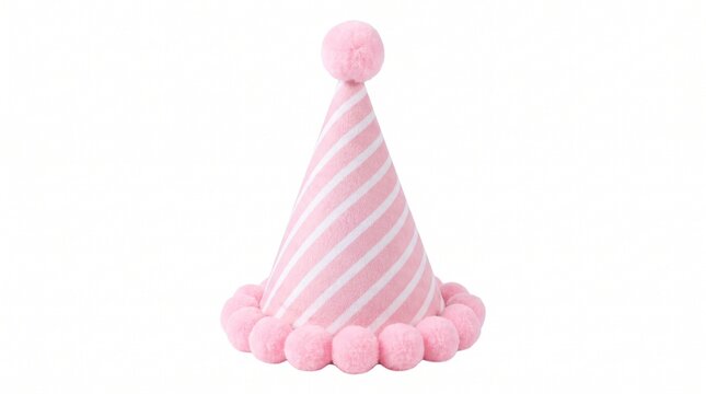 Pink striped party hat with pom-poms isolated on white background