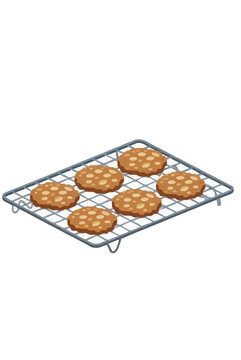 Hand-drawn vector illustration of freshly baked oatmeal cookies arranged on a wire cooling rack, perfect for bakery, dessert, and homemade baking themed graphic design projects