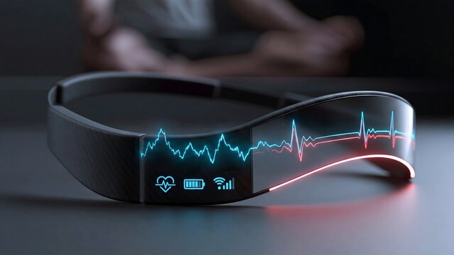 Wellness tracking and biofeedback monitoring concept, wearable health bracelet showing heart rate, stress management technology, mindful fitness, biometric data, holistic health tech