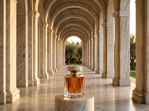 Fragrance bottle centered on marble plinth within sunlit arched colonnade North America site.