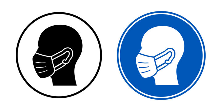 Face mask safety sign icon with protective mask symbol. Mandatory PPE sign for respiratory protection, hazardous environments and workplace safety