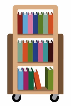 Hand-traced vector illustration of a wooden library cart stacked with colorful books on three shelves, featuring small caster wheels, perfect for educational design projects and vintage study carrel
