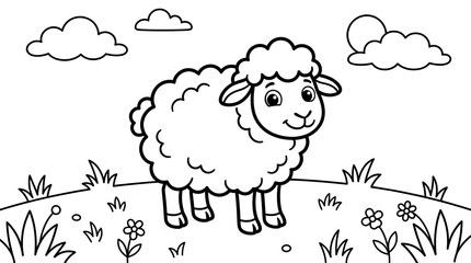 Obraz premium Cute Sheep Cartoon Character Standing on Meadow Field Coloring Page for Kids Illustration