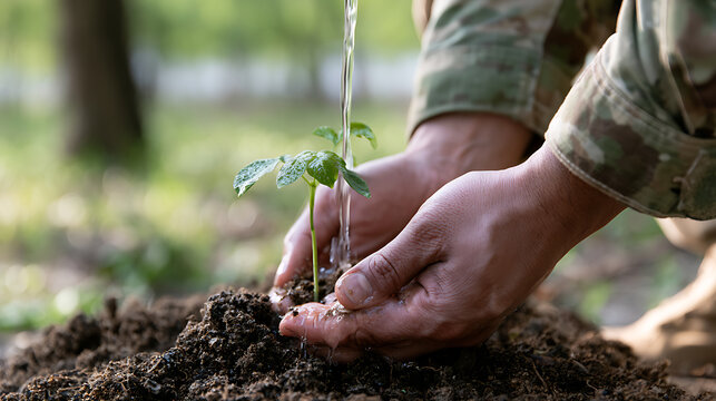 Close-up view of hands watering a young sapling plant tree in soil, representing ecological conservation, environmental care, and fresh life