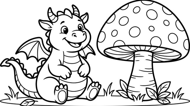 Cute Little Dragon Sitting Next to a Giant Spotted Mushroom Coloring Page for Children Illustration