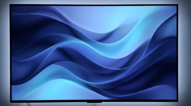 Modern television screen displaying a vibrant blue abstract liquid wave background in a dark home setting