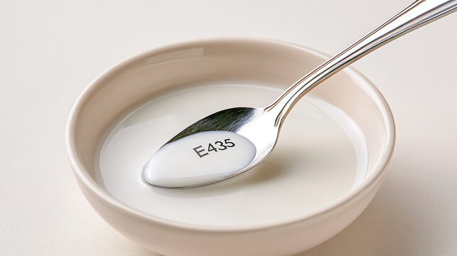 A ceramic bowl filled with white liquid and a silver spoon resting inside featuring text label on the surface for food additive concept
