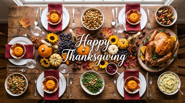 Top view of a rustic thanksgiving dinner table setting with roasted turkey and traditional holiday side dishes