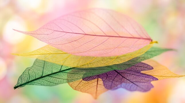 Abstract artistic background featuring colorful skeleton leaves layered together with soft glowing light and pastel tones
