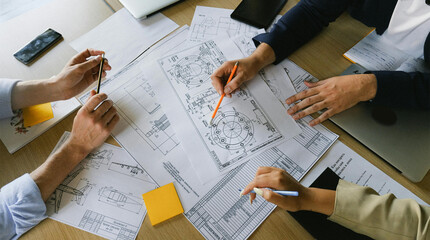 Business team reviewing architectural blueprints together on a wooden table in office with architecture © mrzn
