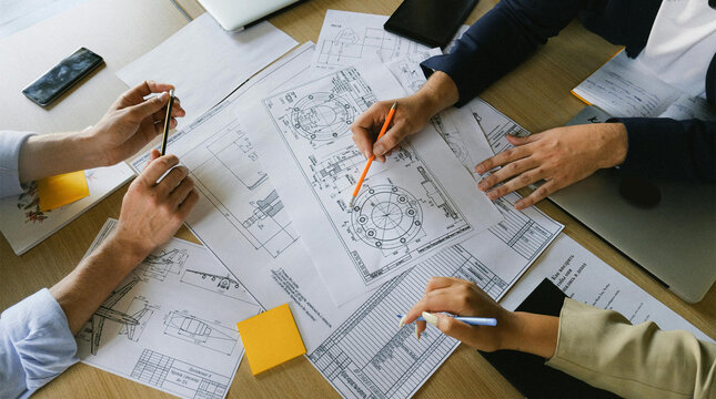 Business team reviewing architectural blueprints together on a wooden table in office with architecture