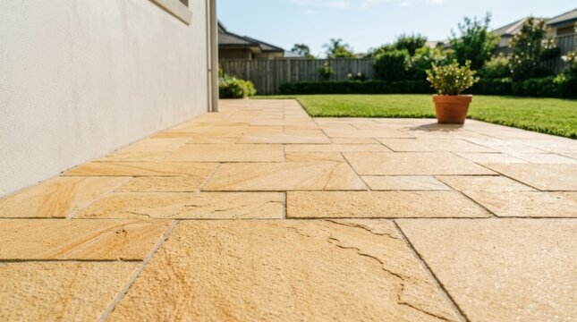 Warm ochre sandstone patio tiles laid in bright sun, low-angle view of suburban backyard paving with copy space