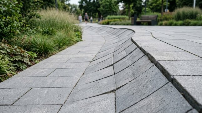 Modern park pathway with grey concrete pavers creating a subtle wave pattern, emphasizing urban landscaping and geometric design in natural daylight.