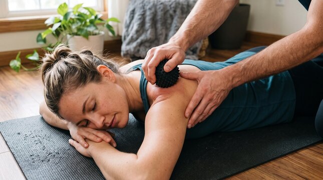 Therapist uses spiky massage ball on woman's shoulder and neck for deep tissue release and pain relief