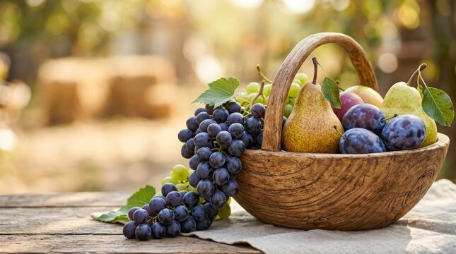 Abundant harvest of fresh grapes, pears, and plums in a rustic wooden basket, bathed in warm sunlight.
