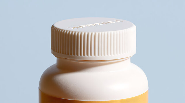 Close up view of a white plastic medicine pill bottle cap container against a clean light blue studio background with smooth modern design