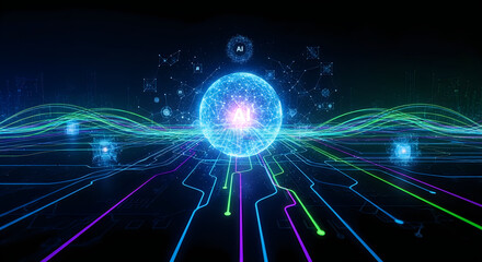Fototapeta premium Glowing artificial intelligence sphere with digital light lines