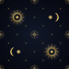 Naklejka premium Mystical celestial seamless pattern with sun moon and stars