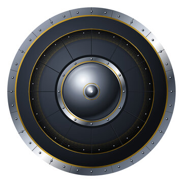 Medieval round metal shield isolated on transparent background
