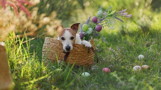 A Jack Russell Terrier dog peeks from a basket in green meadow grass. Bright sunset colors and flowers create cinematic outdoor adventure footage atmosphere.