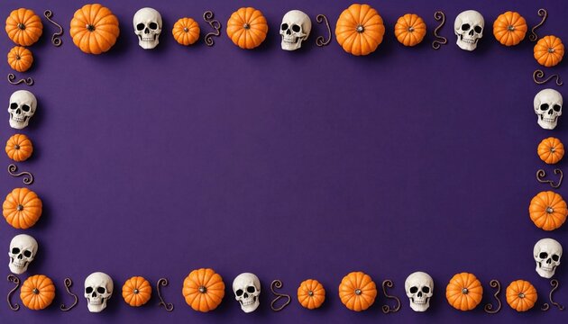Full border of pumpkins and skulls on deep purple background creates spooky frame for halloween text.