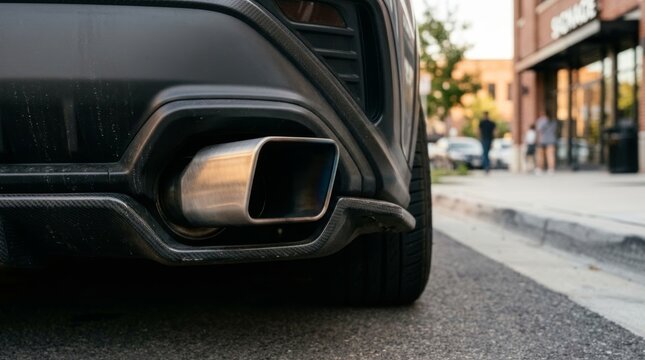 Close-up of a brushed titanium exhaust tip on a custom car bumper with carbon fiber accents, highlighted by warm golden hour light