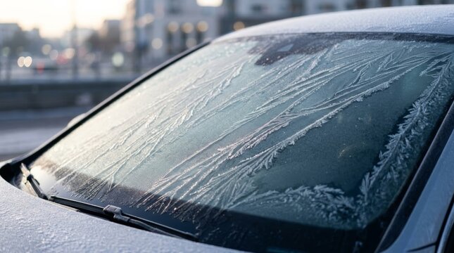 Intricate frost patterns on a car windshield on a cold morning, showcasing winter beauty and preparation