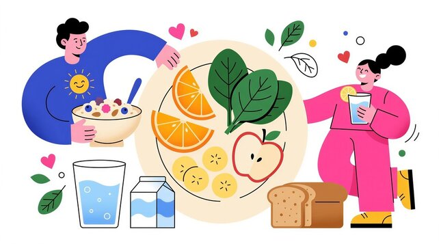Cheerful Illustration Of Two People Preparing A Healthy Meal Surrounded By Fresh Foods.