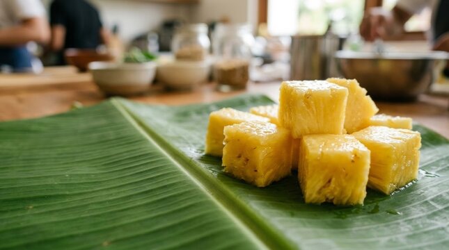 Fresh pineapple cubes juicy and glistening on a green banana leaf in a bright kitchen, tropical food preparation