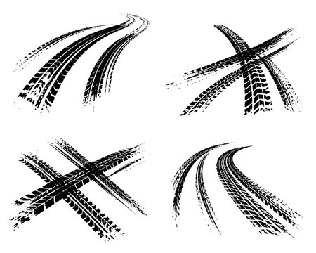 Tire tread marks after skidding, launch, drift, powerslide in motorsport, rally, off-road, motocross. Wheel texture with splash effect. Vector, JPEG version.