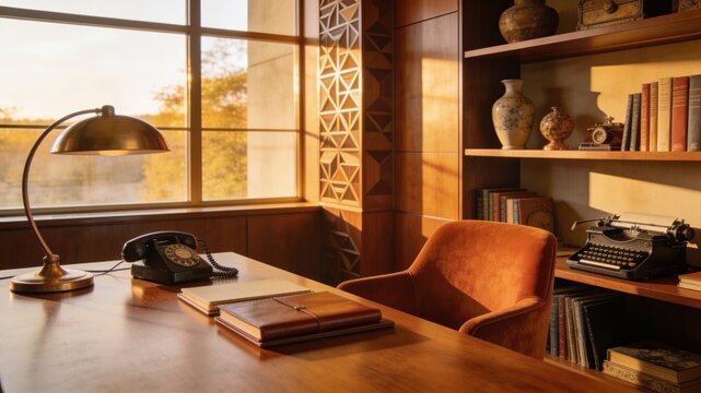 Vintage office interior with desk, telephone, typewriter, armchair, and bookshelf illuminated by golden hour sunlight through a large window