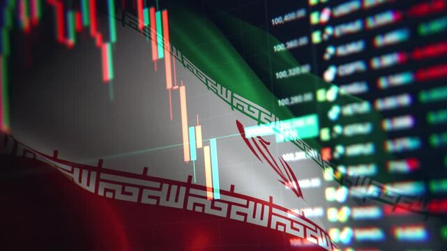 A dynamic timelapse video featuring fast moving stock market candlestick bars blended with a waving Iranian flag, representing Iranian economy, financial markets, and Middle East trading.