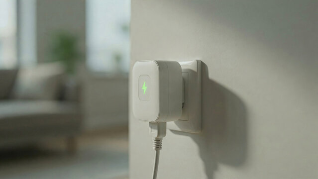 Generic smart home energy monitor plug adapter with glowing green lightning bolt icon inserted into wall outlet