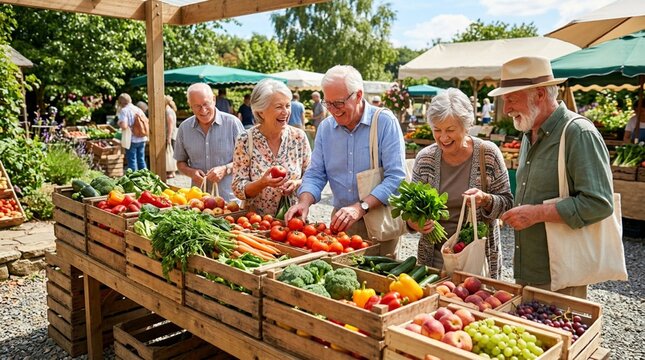 Cheerful elderly couple and friends shopping for fresh organic vegetables and fruits at a vibrant outdoor farmers market stall on a sunny day, lifestyle and healthy eating