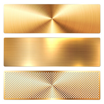 Realistic shiny metal banners set, textured brushed steel, polished copper surfaces, and chrome frames. Industrial plates include secure bolts, rivets, and screws. Vector illustration.