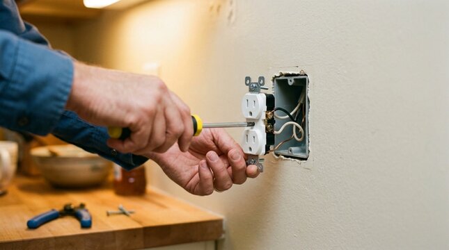 Close-up of hands using screwdriver to install white electrical outlet socket into pale kitchen wall during home renovation