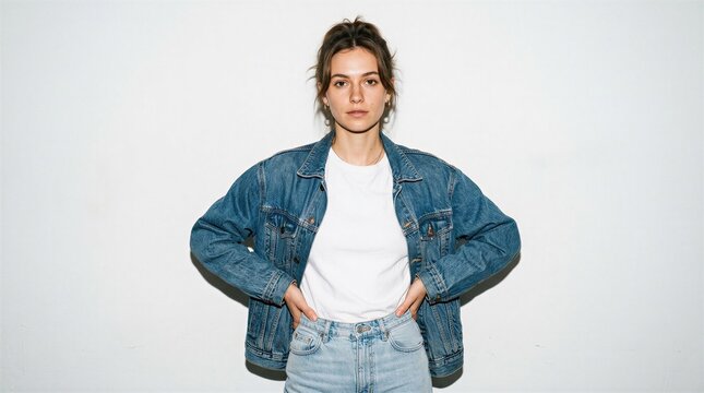 Confident Young Woman In Denim Jacket Against Minimalist Background