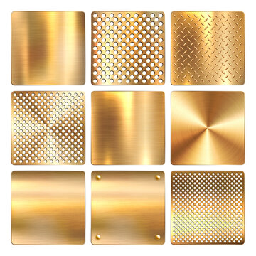 Realistic shiny metal banners set, textured brushed steel, polished copper surfaces, and chrome frames. Industrial plates include secure bolts, rivets, and screws. Vector illustration.