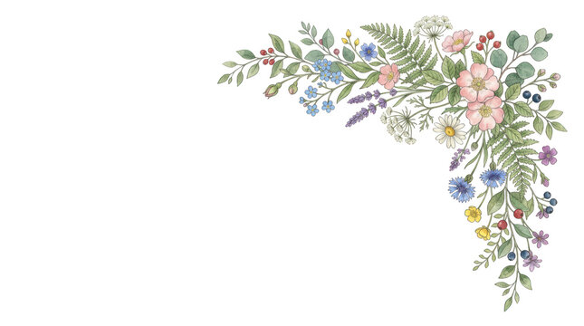 Watercolor botanical corner arrangement with wildflowers isolated on transparent background