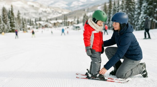 Mother teaching child to ski on groomed slope at ski resort, safety and learning