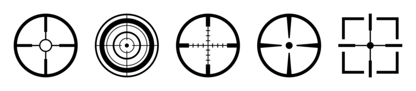 Crosshair target icon set in black. Sniper scope, aim reticle and focus point symbols. Vector graphics for game interface, digital poster and banner design