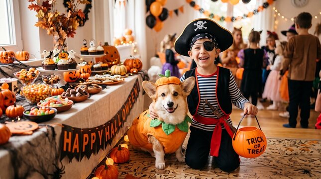 Happy boy in pirate costume and corgi in pumpkin outfit at Halloween party celebration