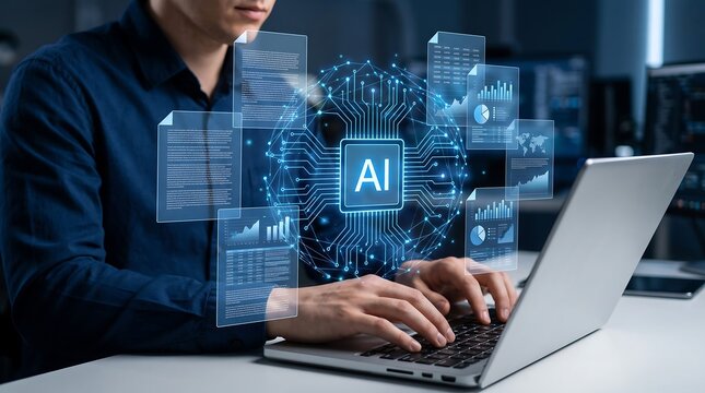 Man working on a laptop with artificial intelligence graphics floating above the keyboard