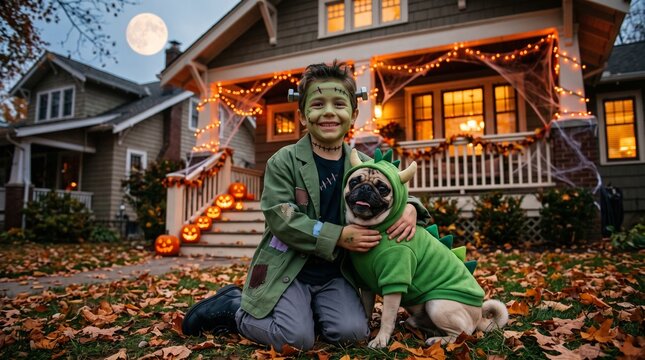 Child in zombie costume hugging a pug dog in a dinosaur outfit on Halloween night